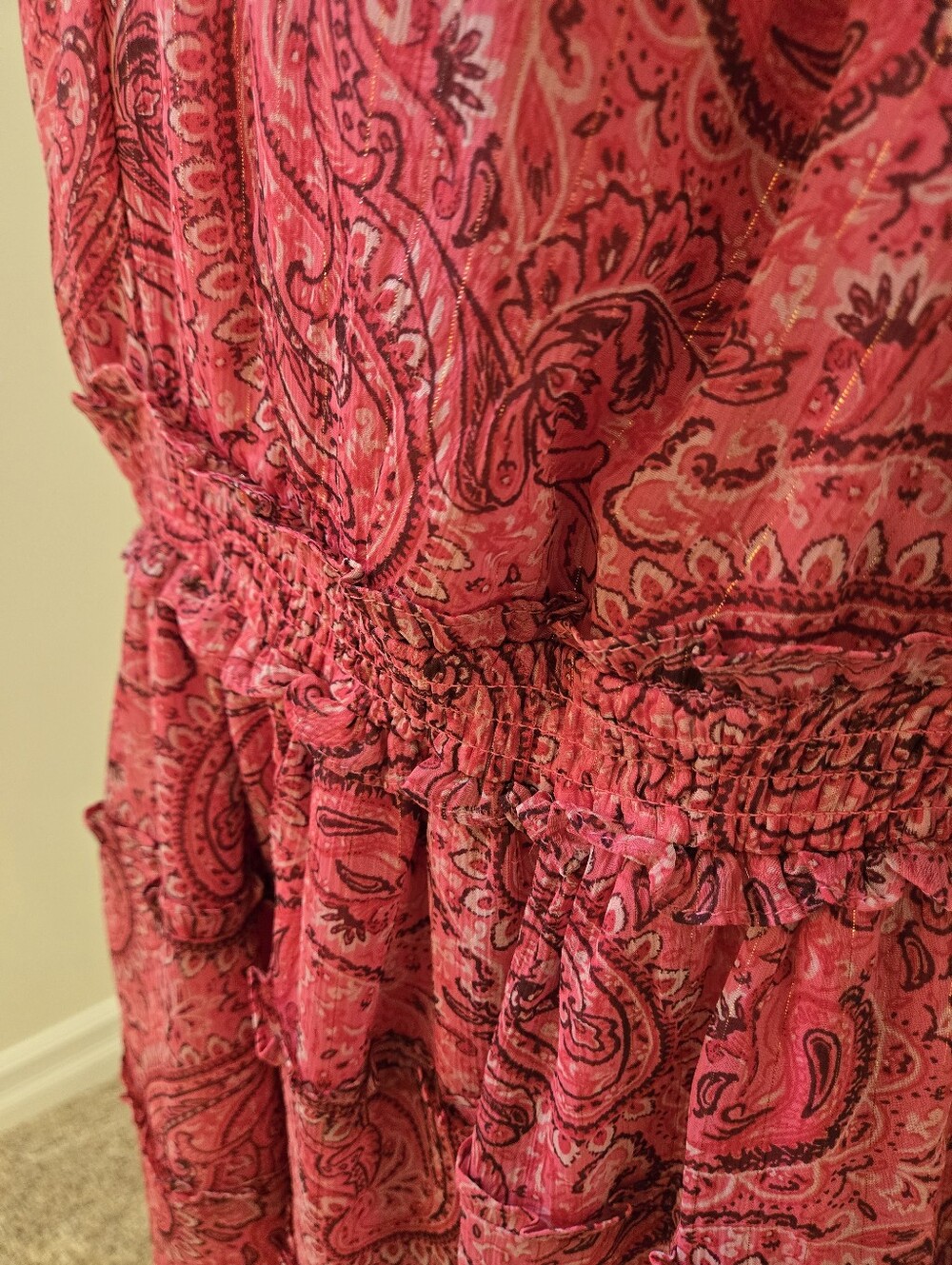 Torrid Pink Paisley Babydoll Mini Dress Size 1 Boho Sheer Sleeve Lined - Picture 5 of 14